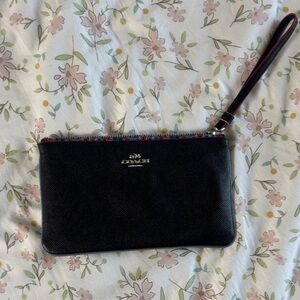 Coach Black Leather Wristlet Clutch with Red-Trim Strap